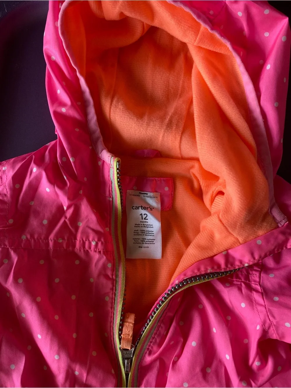 Carter's Hot Pink Polka Dot Hooded Jacket with Orange Lining